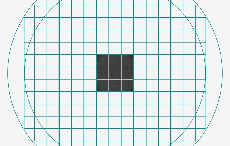 A grid representing a digital camera image, with the central squares filled in.