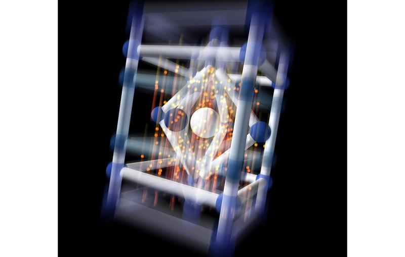 artist's conception depicts the sudden contraction and elongation experienced by the unit cell of the ferroelectric material lead titanate as an intense pulse of violet light hits it