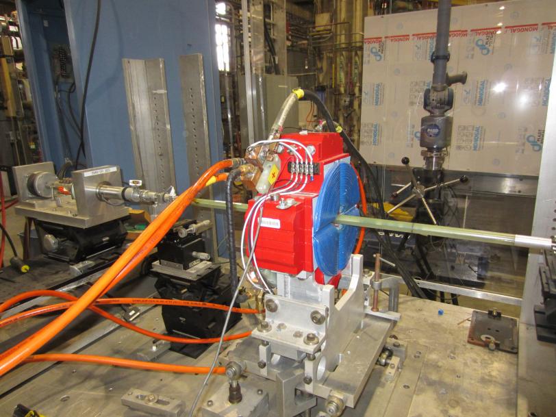 A magnet on a test stand inside SLAC National Accelerator Laboratory.