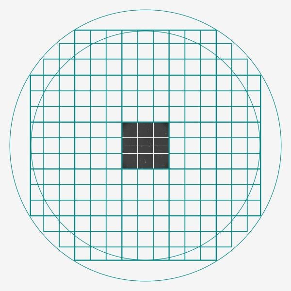 A grid representing a digital camera image, with the central squares filled in.