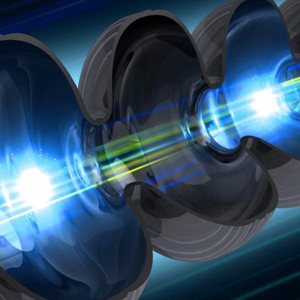 illustration of an electron beam traveling through a niobium cavity – a key component of SLAC’s future LCLS-II X-ray laser. 
